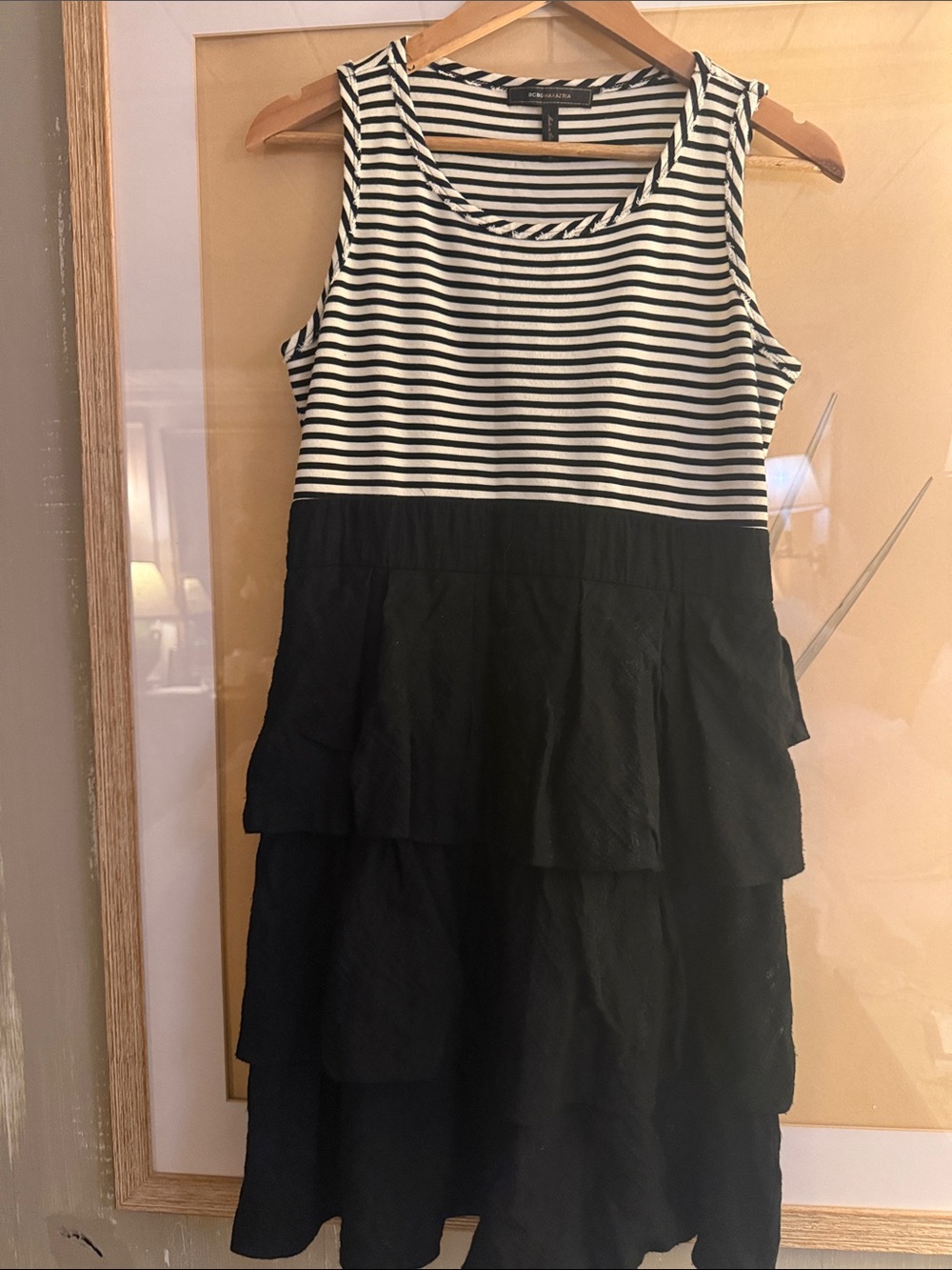 BCBGMaxAzria Black and White Striped Tiered Dress